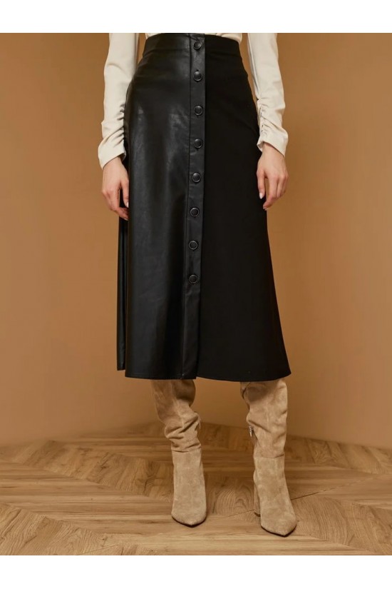 Black Skirt with fabric combination - W1-6040 Black Skirt with fabric combination - W1-6040