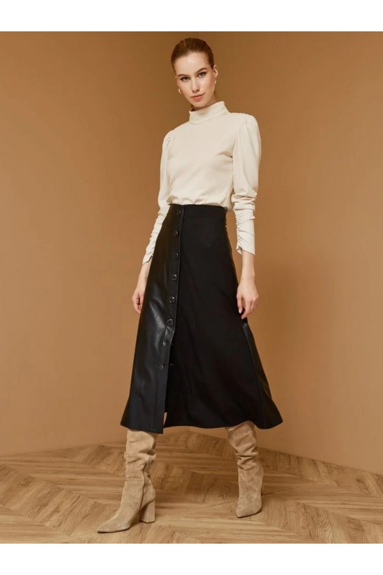 Black Skirt with fabric combination - W1-6040 Black Skirt with fabric combination - W1-6040