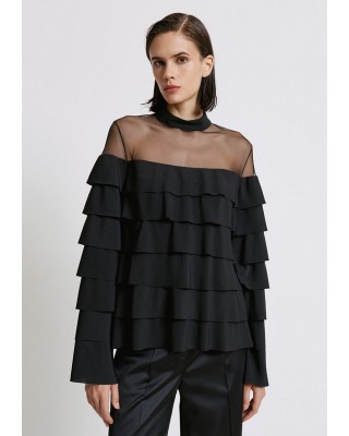 Γυναικεία μαύρη μπλούζα με διαφάνεια και βολάν - Spell 44-2024 Γυναικεία μαύρη μπλούζα με διαφάνεια και βολάν - Spell 44-2024