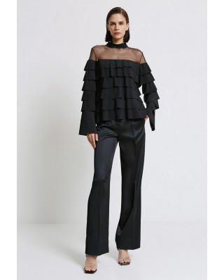 Γυναικεία μαύρη μπλούζα με διαφάνεια και βολάν - Spell 44-2024 Γυναικεία μαύρη μπλούζα με διαφάνεια και βολάν - Spell 44-2024