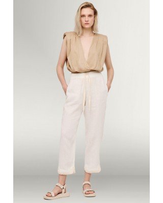 Γυναικεία μπεζ κρουαζέ μπλούζα με λάστιχο - Eight 43-2177 Γυναικεία μπεζ κρουαζέ μπλούζα με λάστιχο - Eight 43-2177