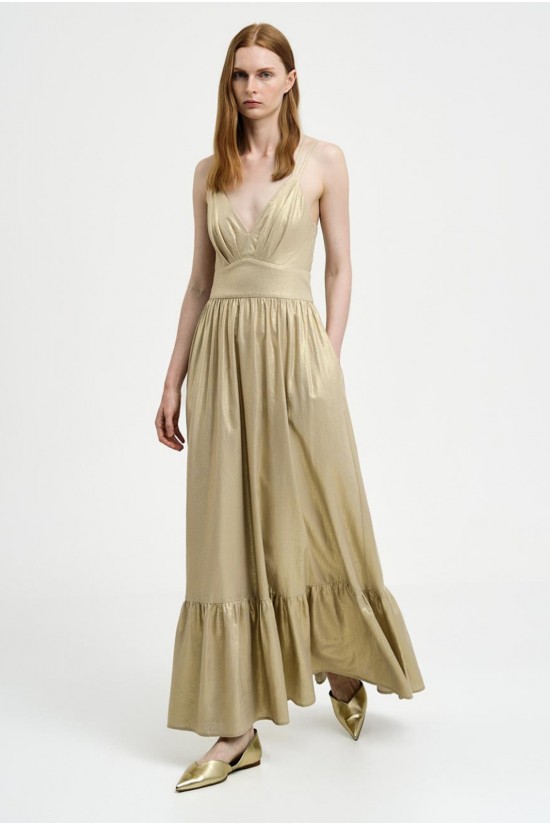 Γυναικείο χρυσό μάξι γυαλιστερό φόρεμα - Access 43-3375