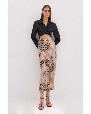 Γυναικεία μπεζ σατέν φούστα με animal print - Access 53-6006