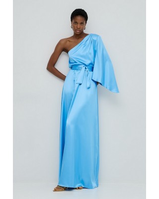 Γυναικείο μάξι γαλάζιο σατέν φόρεμα με έναν ώμο - Access 53-3308 Γυναικείο μάξι γαλάζιο σατέν φόρεμα με έναν ώμο - Access 53-3308