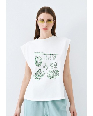Γυναικεία αμάνικη λευκή μπλούζα με τύπωμα - Eight 63-2005