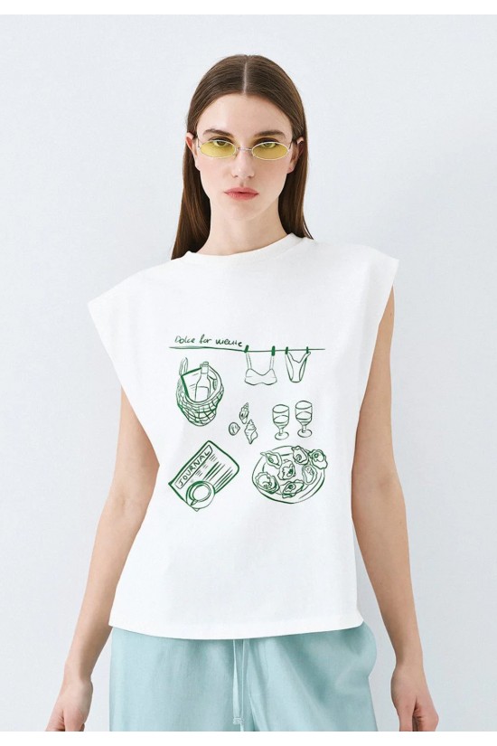 Γυναικεία αμάνικη λευκή μπλούζα με τύπωμα - Eight 63-2005