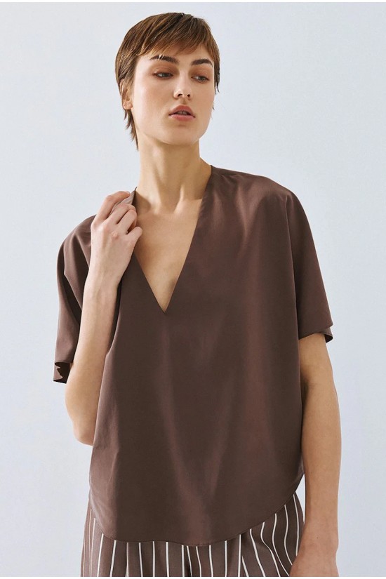 Γυναικεία καφέ μπλούζα με V λαιμόκοψη - Access 63-2121