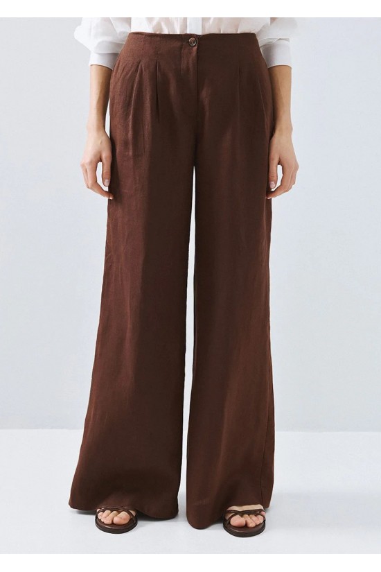 Γυναικεία καφέ λινή παντελόνα - Access 63-5007 Γυναικεία καφέ λινή παντελόνα - Access 63-5007