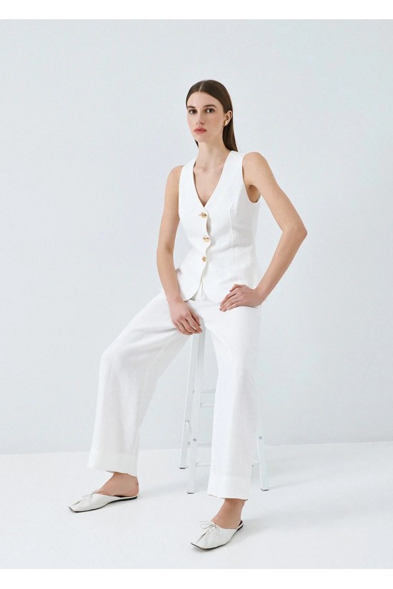 Γυναικεία λευκή λινή παντελόνα - Eight 63-5084
