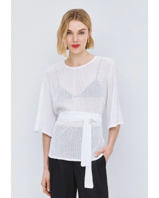 Γυναικεία λευκή μπλούζα με παγιέτα και ζώνη - Access 63-2157