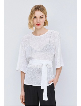 Γυναικεία λευκή μπλούζα με παγιέτα και ζώνη - Access 63-2157
