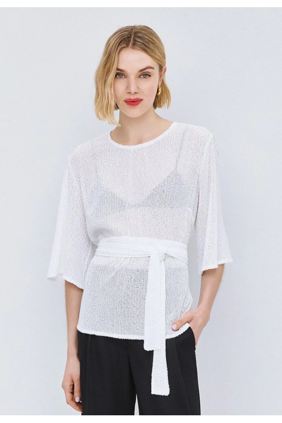 Γυναικεία λευκή μπλούζα με παγιέτα και ζώνη - Access 63-2157