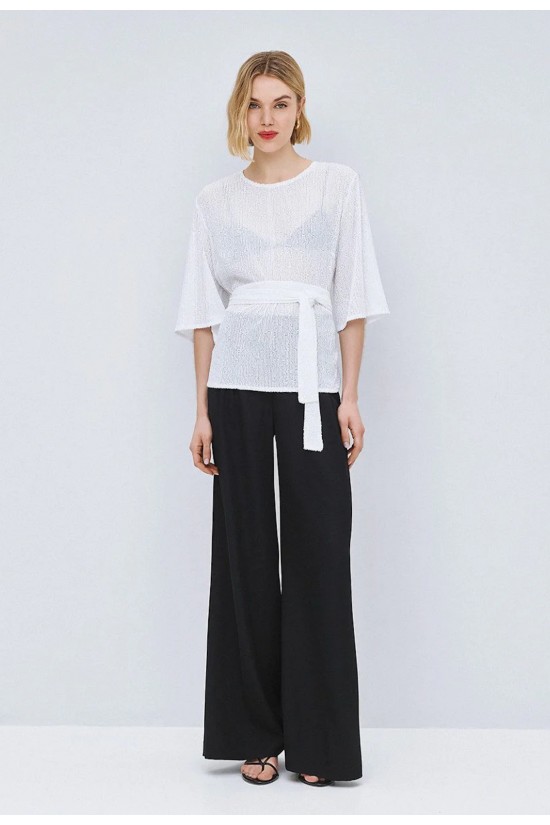 Γυναικεία λευκή μπλούζα με παγιέτα και ζώνη - Access 63-2157