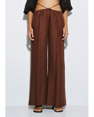 Γυναικεία λινή καφέ παντελόνα - Access 63-5083 Γυναικεία λινή καφέ παντελόνα - Access 63-5083