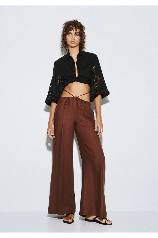 Γυναικεία λινή καφέ παντελόνα - Access 63-5083 Γυναικεία λινή καφέ παντελόνα - Access 63-5083
