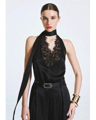 Γυναικεία μαύρη halter μπλούζα με δαντέλα - Access 63-2094