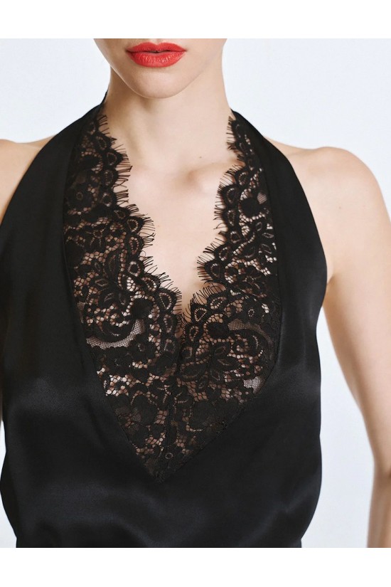 Γυναικεία μαύρη halter μπλούζα με δαντέλα - Access 63-2094