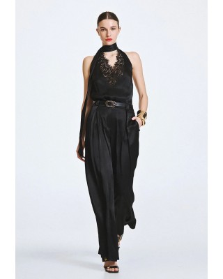 Γυναικεία μαύρη halter μπλούζα με δαντέλα - Access 63-2094