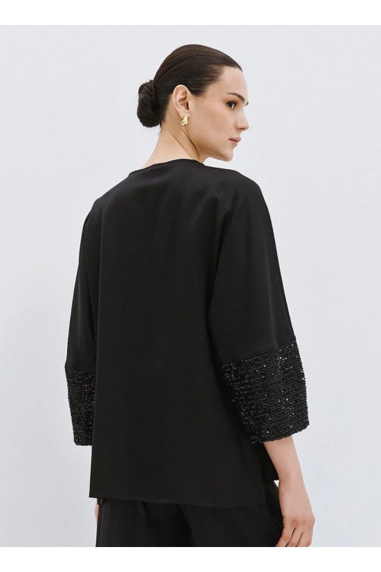 Γυναικεία μαύρη μπλούζα με λεπτομέρειες παγιέτα - Access 63-2109