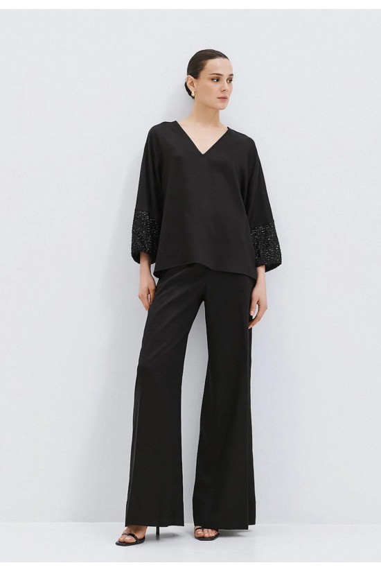 Γυναικεία μαύρη παντελόνα με λεπτομέρειες παγιέτα - Access 63-5032