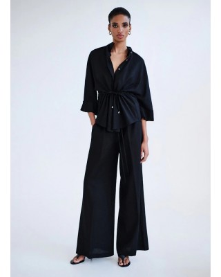 Γυναικεία μαύρη φαρδιά λινή παντελόνα - Access 63-5066