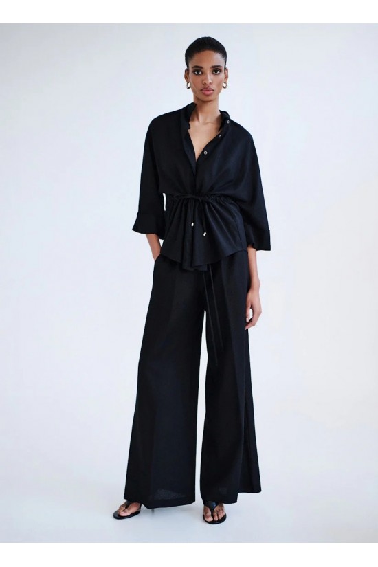 Γυναικεία μαύρη φαρδιά λινή παντελόνα - Access 63-5066