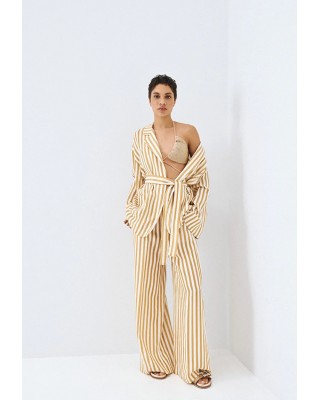 Γυναικεία μπεζ ψηλόμεση ριγέ παντελόνα - Access 63-5033