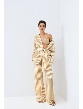 Γυναικεία μπεζ ψηλόμεση ριγέ παντελόνα - Access 63-5033