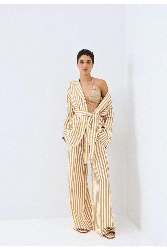 Γυναικεία μπεζ ψηλόμεση ριγέ παντελόνα - Access 63-5033 Γυναικεία μπεζ ψηλόμεση ριγέ παντελόνα - Access 63-5033