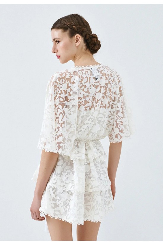 Γυναικείο λευκό μίνι φόρεμα ντεβορέ με βολάν - Spell 63-3028 Γυναικείο λευκό μίνι φόρεμα ντεβορέ με βολάν - Spell 63-3028