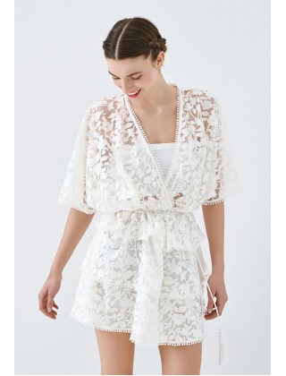 Γυναικείο λευκό μίνι φόρεμα ντεβορέ με βολάν - Spell 63-3028