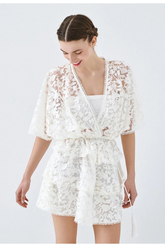 Γυναικείο λευκό μίνι φόρεμα ντεβορέ με βολάν - Spell 63-3028 Γυναικείο λευκό μίνι φόρεμα ντεβορέ με βολάν - Spell 63-3028