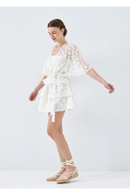 Γυναικείο λευκό μίνι φόρεμα ντεβορέ με βολάν - Spell 63-3028 Γυναικείο λευκό μίνι φόρεμα ντεβορέ με βολάν - Spell 63-3028