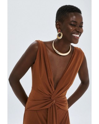 Γυναικείο καφέ μάξι φόρεμα με κόμπο - Access 63-3331