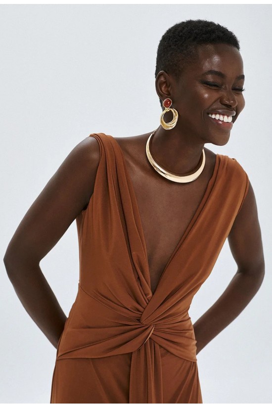 Γυναικείο καφέ μάξι φόρεμα με κόμπο - Access 63-3331