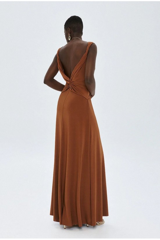 Γυναικείο καφέ μάξι φόρεμα με κόμπο - Access 63-3331