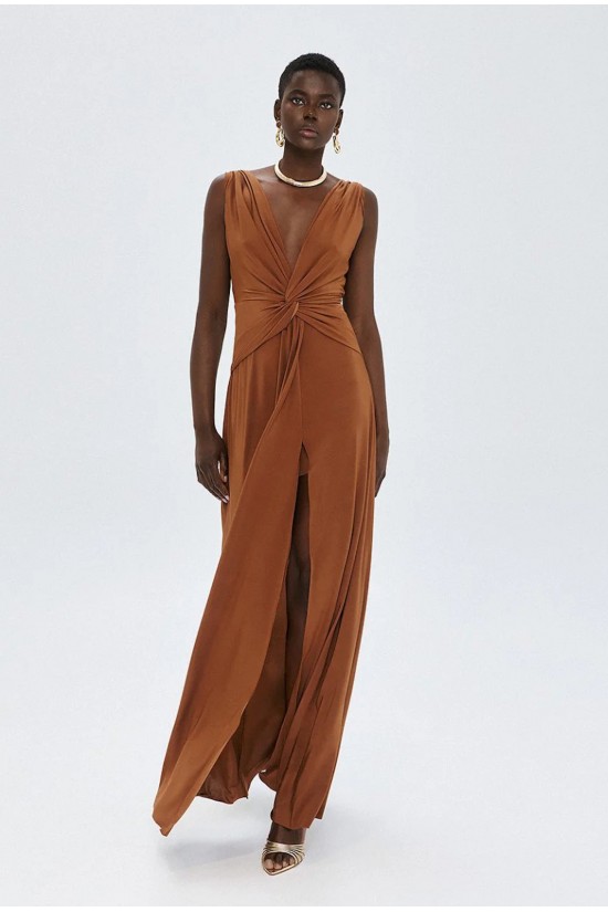 Γυναικείο καφέ μάξι φόρεμα με κόμπο - Access 63-3331