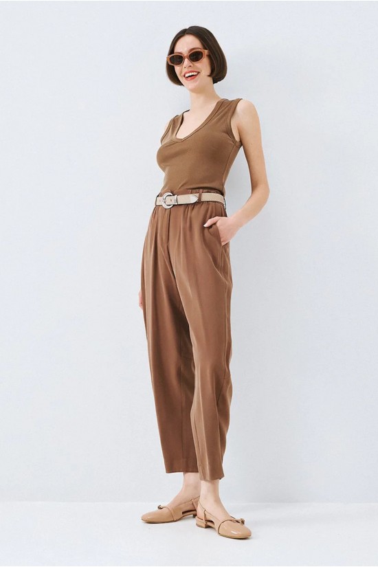 Γυναικείο καφέ carrot παντελόνι με λάστιχο - Eight 63-5051