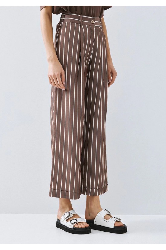 Γυναικείο ριγέ καφέ παντελόνι με ρεβέρ - Access 63-5128