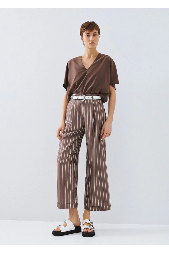 Γυναικείο ριγέ καφέ παντελόνι με ρεβέρ - Access 63-5128