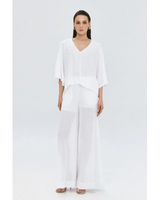 Γυναικείο λευκό παντελόνι με παγιέτα - Access 63-5023