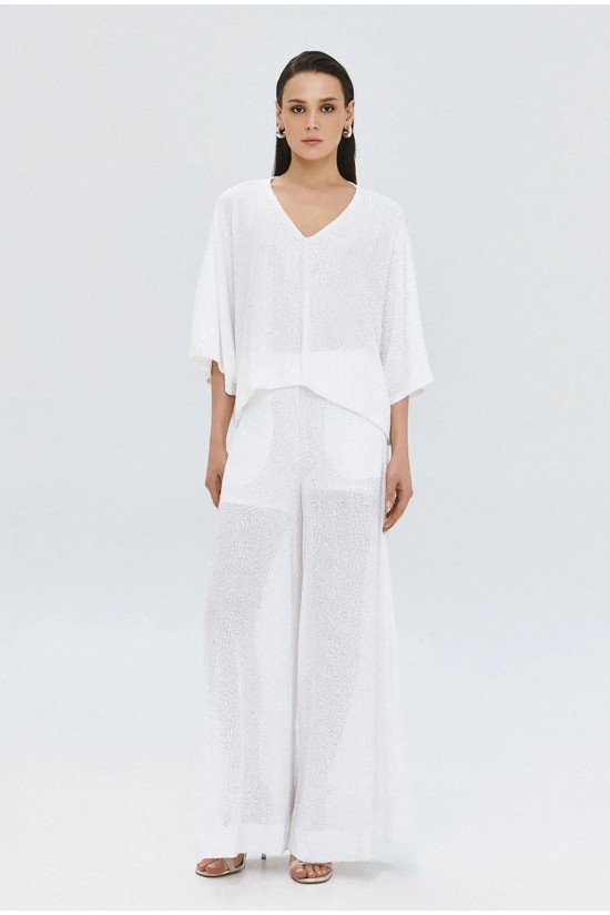 Γυναικείο λευκό παντελόνι με παγιέτα - Access 63-5023