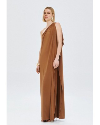 Γυναικείο μάξι καφέ φόρεμα με έναν ώμο - Access 63-3330