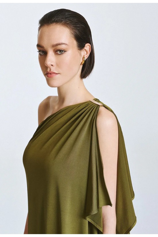 Γυναικείο μάξι λαδί φόρεμα με έναν ώμο - Access 63-3330