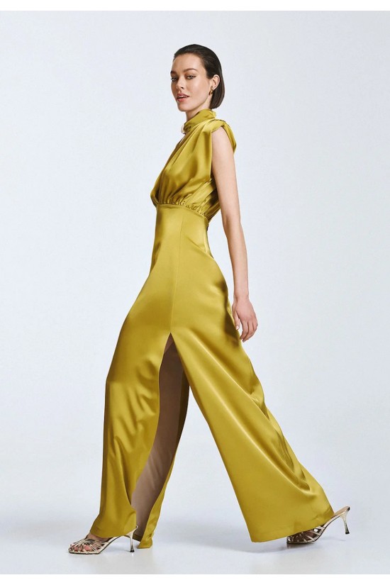 Γυναικείο μάξι σατέν λαδί φόρεμα - Access 63-3309