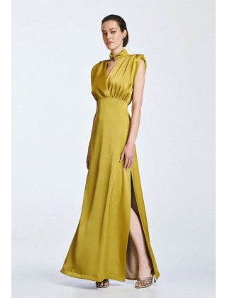 Γυναικείο μάξι σατέν λαδί φόρεμα - Access 63-3309