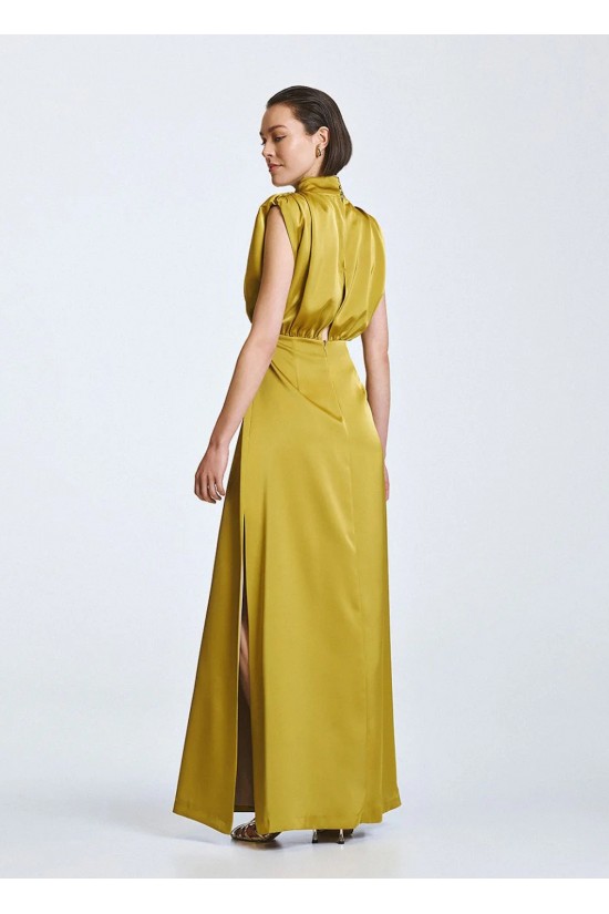 Γυναικείο μάξι σατέν λαδί φόρεμα - Access 63-3309