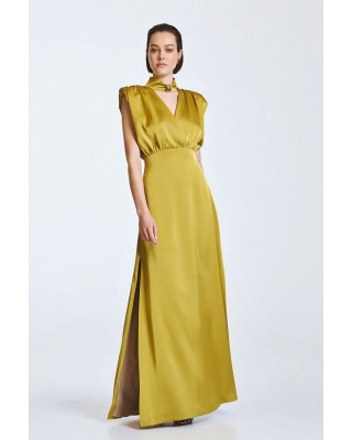 Γυναικείο μάξι σατέν λαδί φόρεμα - Access 63-3309