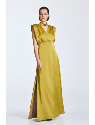 Γυναικείο μάξι σατέν λαδί φόρεμα - Access 63-3309