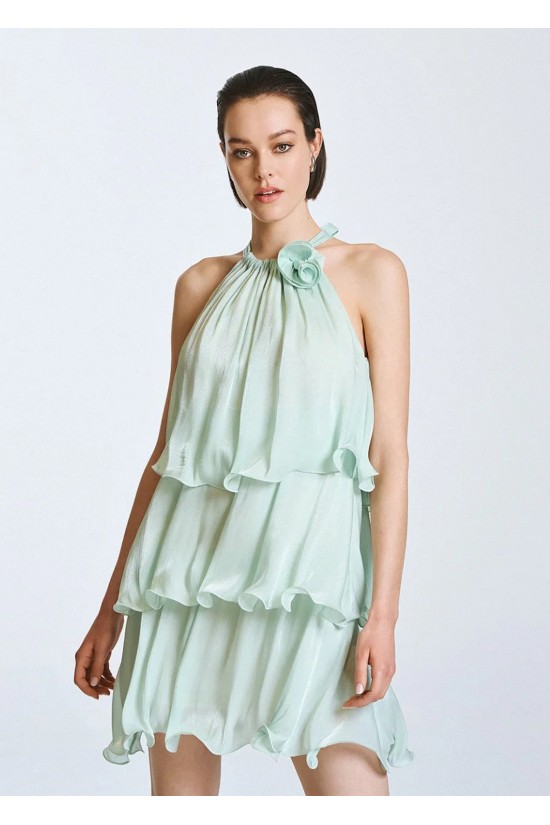 Γυναικείο μίνι φόρεμα με βολάν και λουλούδι - Spell 63-3023